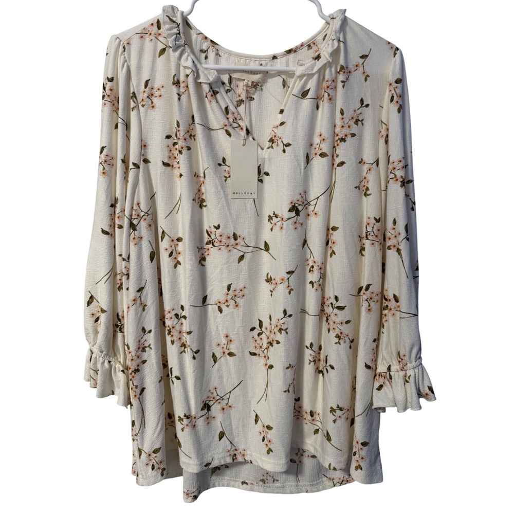 Melloday Floral Blouse Womens 1X White NWT Ruffle V-Neck